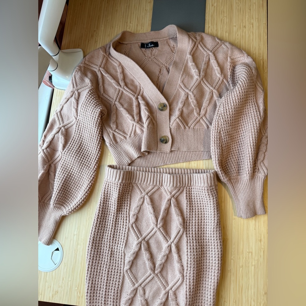 Lulu's Blush Pink Cable Knit Sweater and Skirt Two Piece Set - Picture 4 of 16
